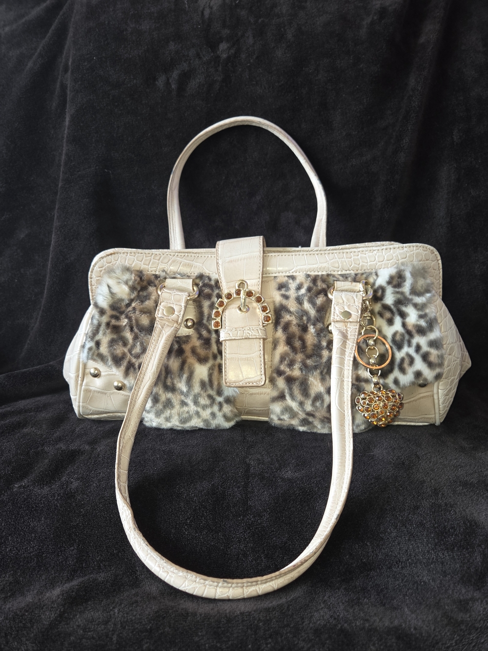 Kathy Van Zeeland Cream and Leopard Faux Fur Satchel